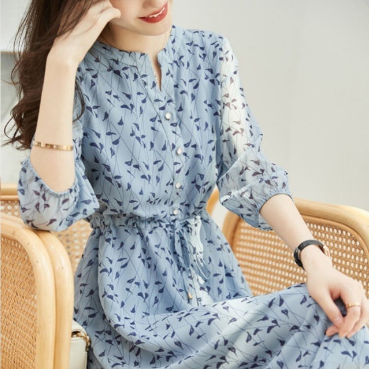 ワンピース 七分袖 S-2XL シフォン ひざ下丈 25zm822 ワンピース 七分袖 レディース ブルー S-2XL シフォンワンピース