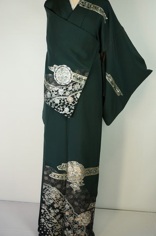 銀泥 洋風華紋 唐花 正絹 深緑 320 | kimono Re:和 [online store