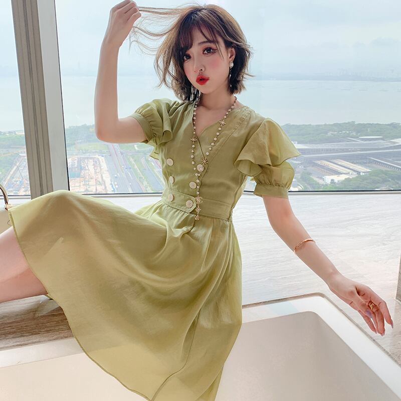 スタンダードスタイルVネックダブルブレストウェストAラインスカート ドレス レトロ MIUCO73201360187