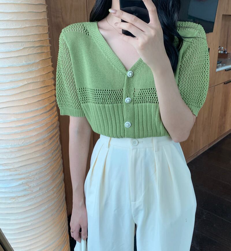 ストライプ薄手ボタンニット Vネック半袖スリーブトップス サマー ショート ハーフスリーブ 夏物 ビッグFスモールZ韓国22109678280