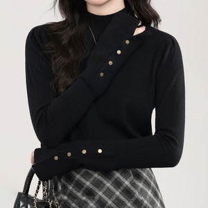 ハイネック 長袖 ニット トップス レディース 春秋冬 韓国 きれいめ シンプル 大人 カジュアル 袖ボタン レトロ 無地 インナー ストレッチ 大人可愛い 大人女子