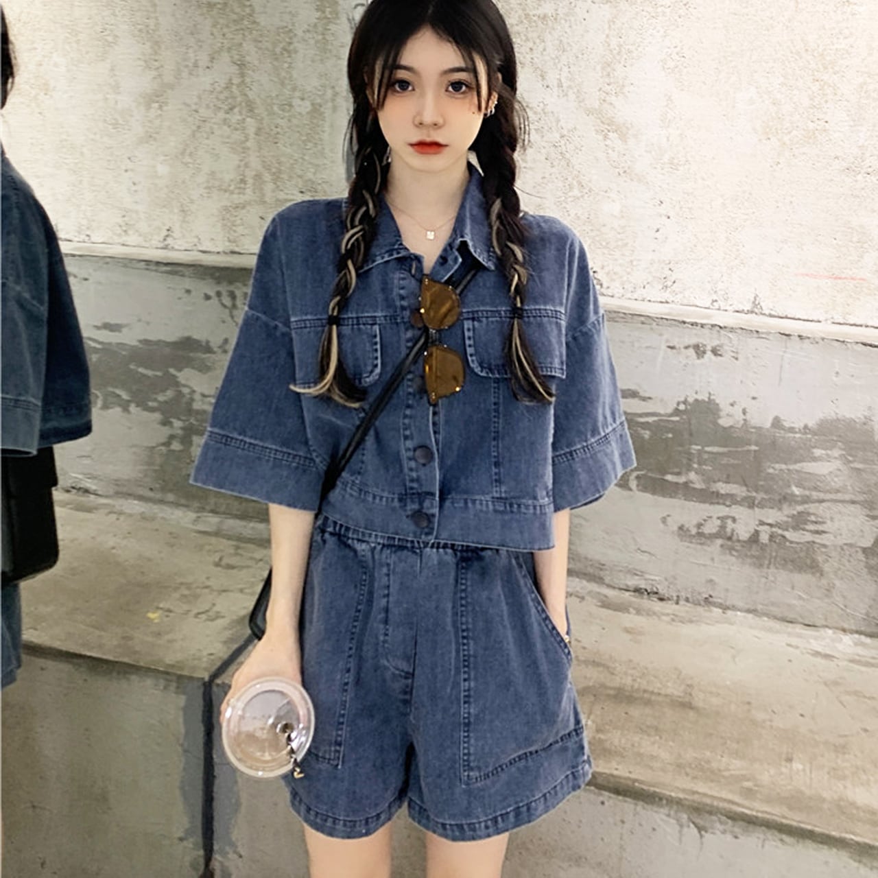 REGIT】OLD DENIM SET-UP-BLUE S/S 韓国ファッション トップス シャツ ジャケット 半袖 ハーフ パンツ デニム ジーンズ  古着風 個性的 セットコーデ 10代 20代 着映え ネット通販 TPJ002 BHC007 | Regit