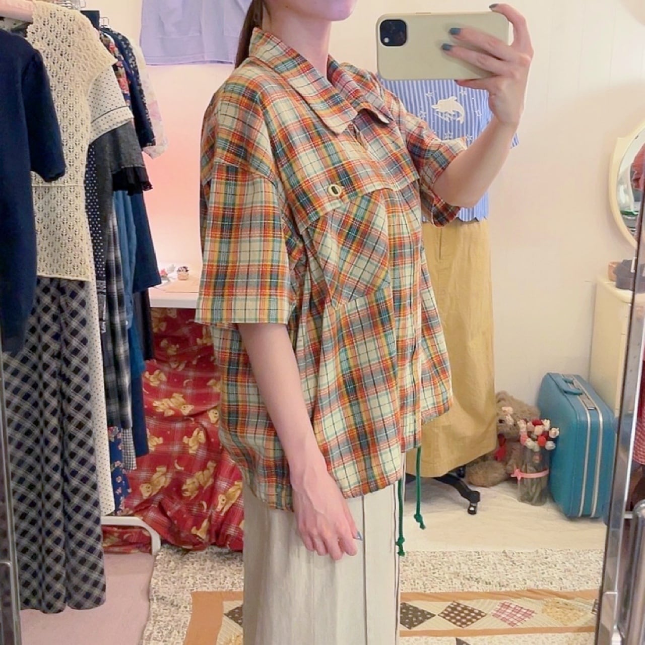 green madras check zip-up shirt