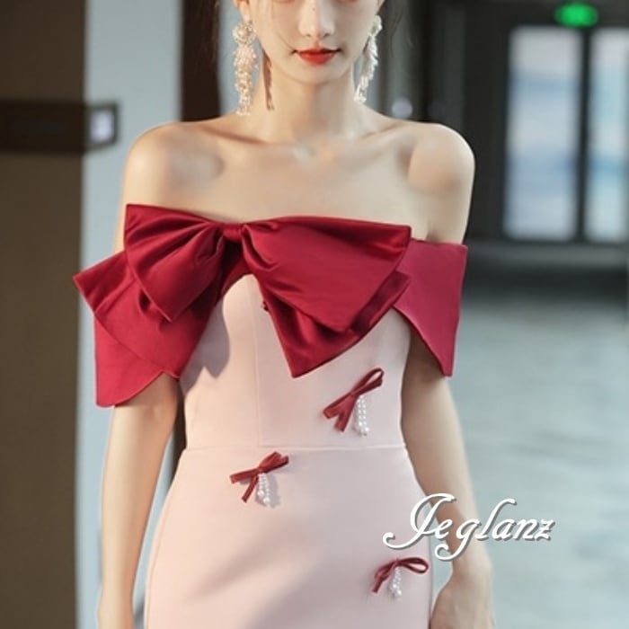 パーティ ドレス ワンピース 立体 リボン パール 背中 編み上げ(M8535)ζ