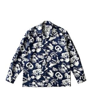 Mountain Long sleeve Open Aloha shirt / Waikiki / Navy