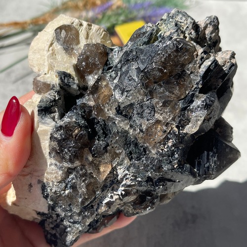 《虹あり》ナミビア・エロンゴ地区産【スモーキークォーツ＆ブラックトルマリン共生】フェルドスパー 鉱物 天然石 パワーストーン