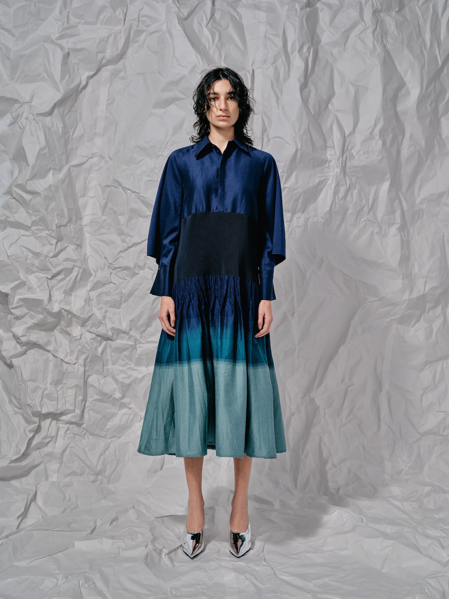 グラデーションジャガードシャツドレス ネイビーミント | J's by a