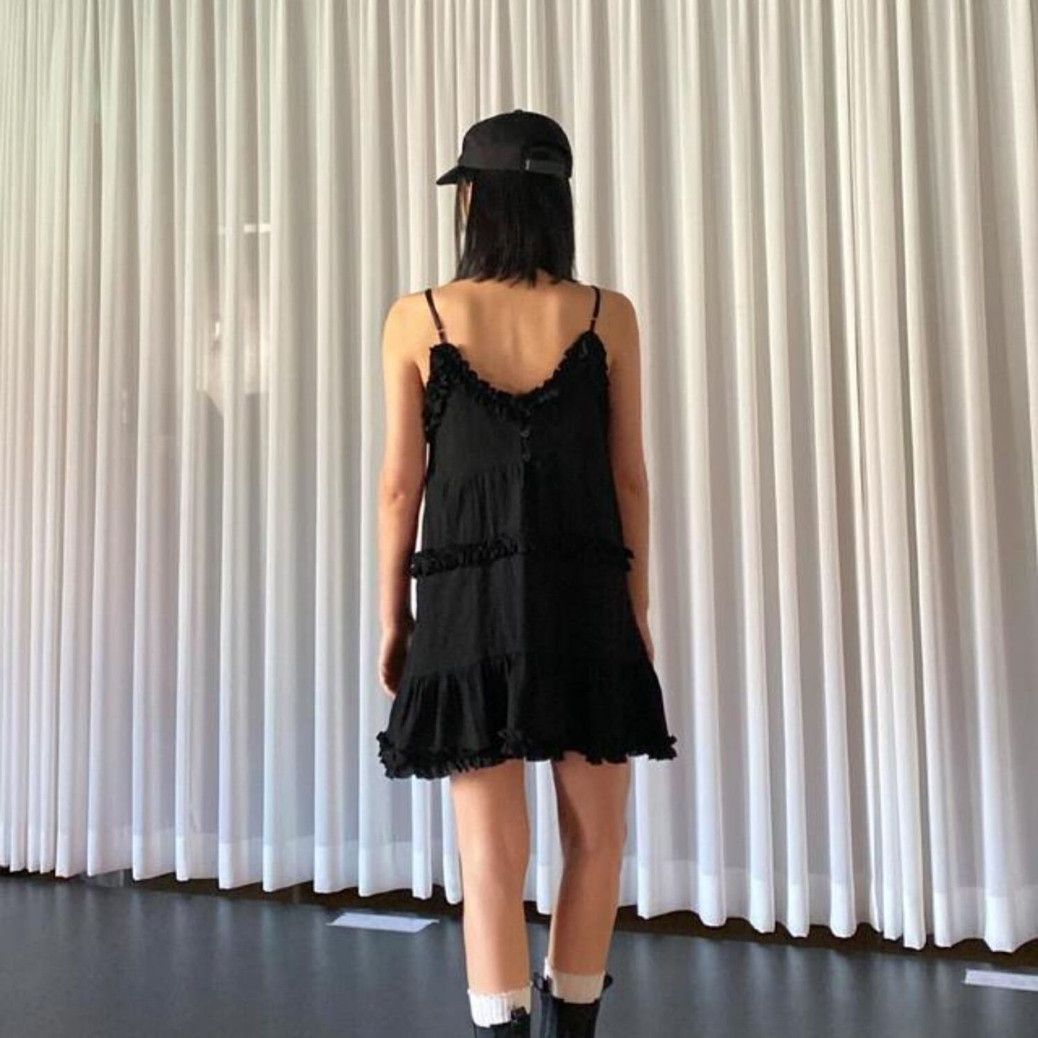 ワンピース ショート丈 ミニ ティアード ストライプ フリル