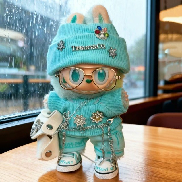 上質ブルーで差をつける！大人かわいい個性派コーデ✨Labubu 鮮やかブルー7点セット シューズ＆バッグ付き クールで可愛い 15-17cm用 1･2･3世代対応 ラブブ the monsters