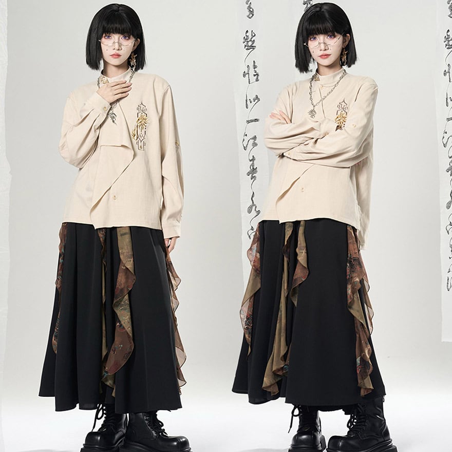 サブカル系 チャイナ風 シャツ 刺繍 スタンドカラー 卿棠シリーズ