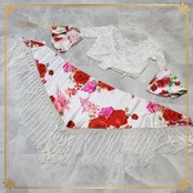 フラメンコ 衣装 トップス シージョ セット ホワイト系 イチオク ICHIOKU バラ柄 花柄 ピキージョ フレコ ベリーダンス チョリ ヒップスカーフ フリンジ 鮮やか 華やか 光沢 上品 練習 レッスン ダンス衣装 ステージ 白 赤 レッド系 ピンク系