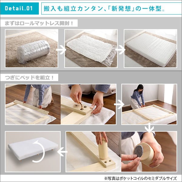 新発想で搬入も組立カンタン！ ほどよい弾力 脚付きロールマットレス