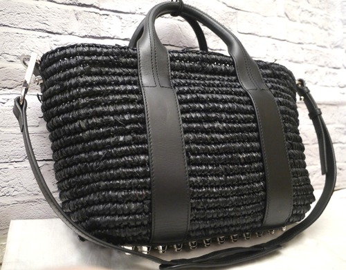 レア◆ALEXANDER WANG アレキサンダーワン ラフィアxレザー ロックスタッズ 2wayクロスボディ トート バッグ 黒◆モード感の漂う希少モデル