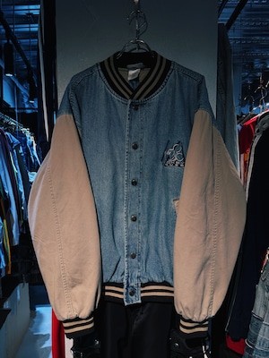 【D4C】"mickey mouth"character print patch design stadium denim jumper