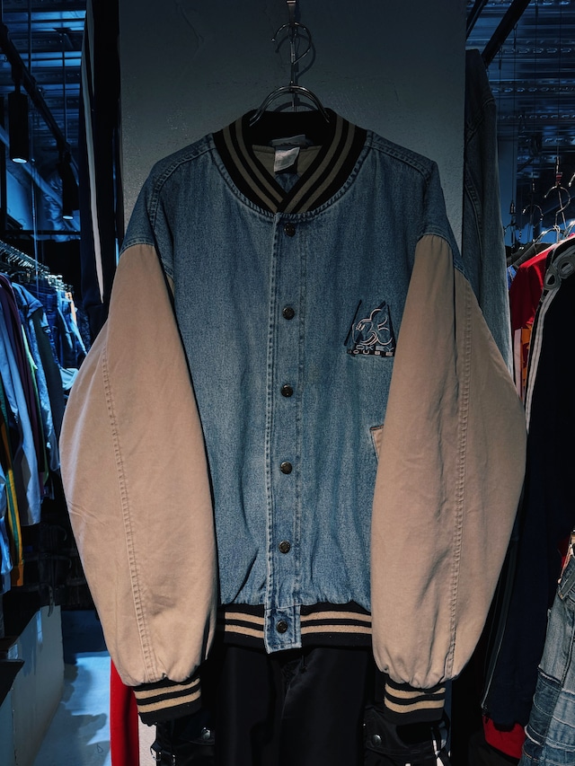 【D4C】"mickey mouth"character print patch design stadium denim jumper