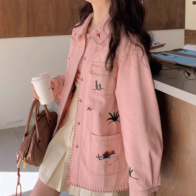 embroidered oversized denim jacket J00193
