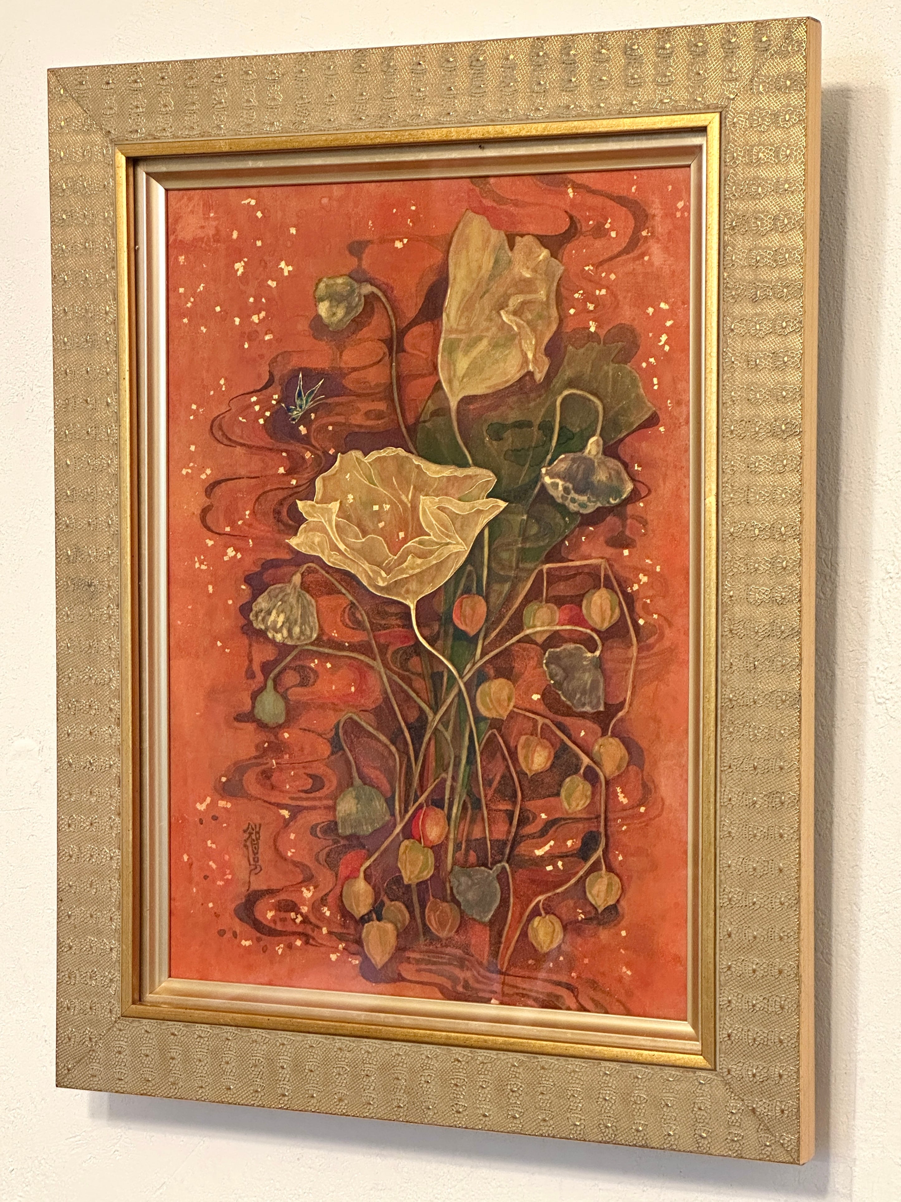 蓮葉とほおずき漂う《蓮葉の夢》秋の日本画 原画 額装｜岩絵具・金箔