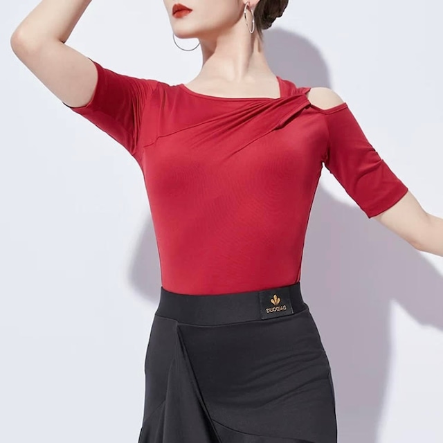 アシンメトリー オープンショルダー ストレッチ トップス 2col D00598