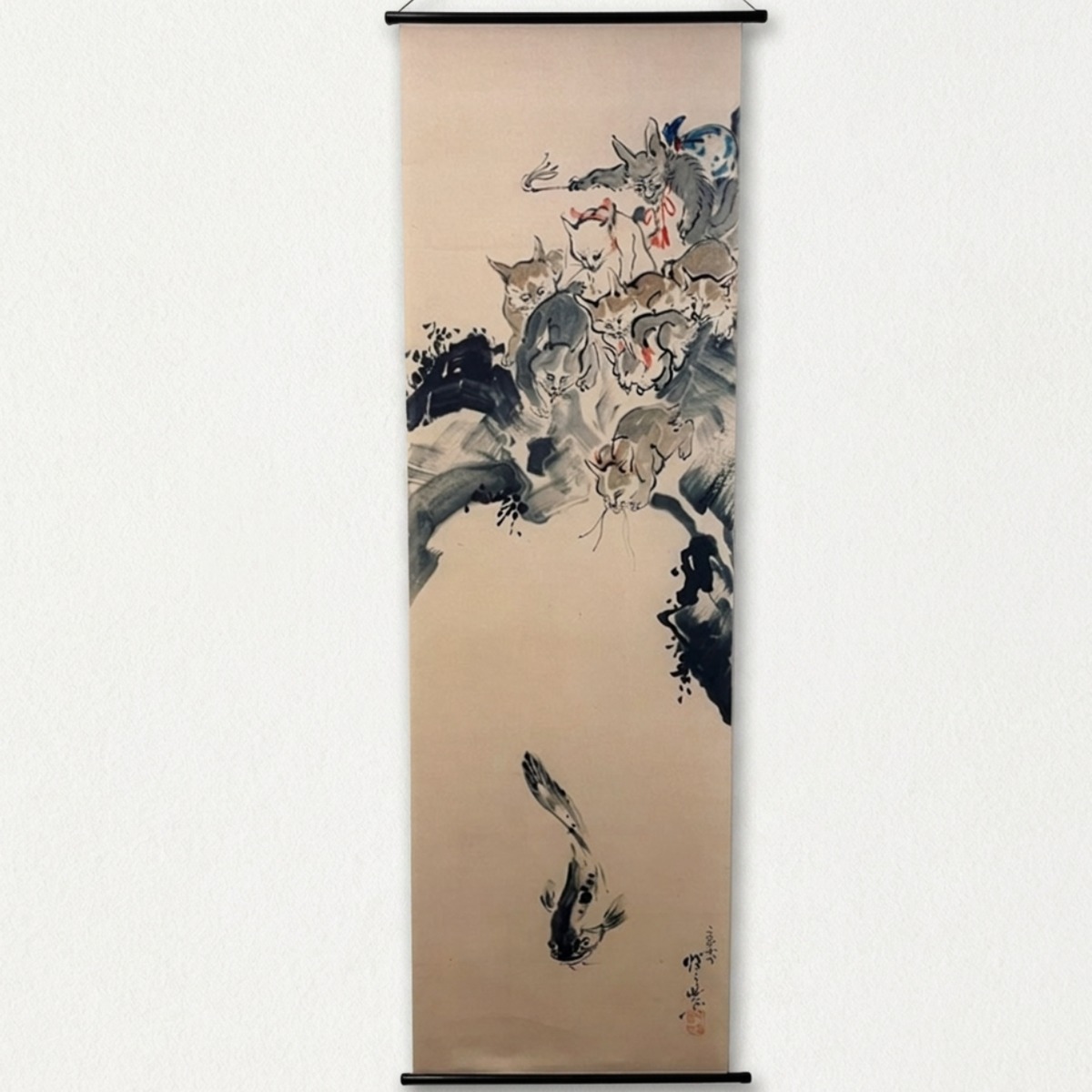 河鍋暁斎 タペストリー 群猫釣鯰図 | hmm, by 東京都美術館