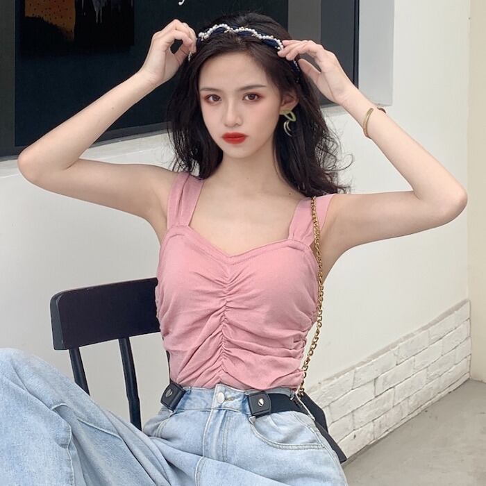 サマースタイルスタンダードソリッド カラートップス ショートレディース レトロ 夏物 ソリッドカラー ドラファッションホール69589916321