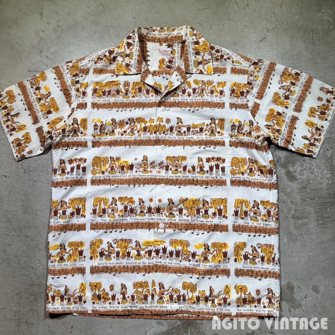 50's~ Lei-O-Hawaii SPORTWEAR プリントコットンハワイアンシャツ "Lovely Hula Hands" 楽譜柄 フラガール アロハ 開襟 猫目ボタン XL相当 希少 ヴィンテージ BA-2975 RM3396H