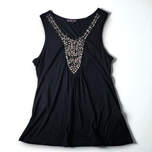 Vintage punk design spyky studs tank top "BLACK"