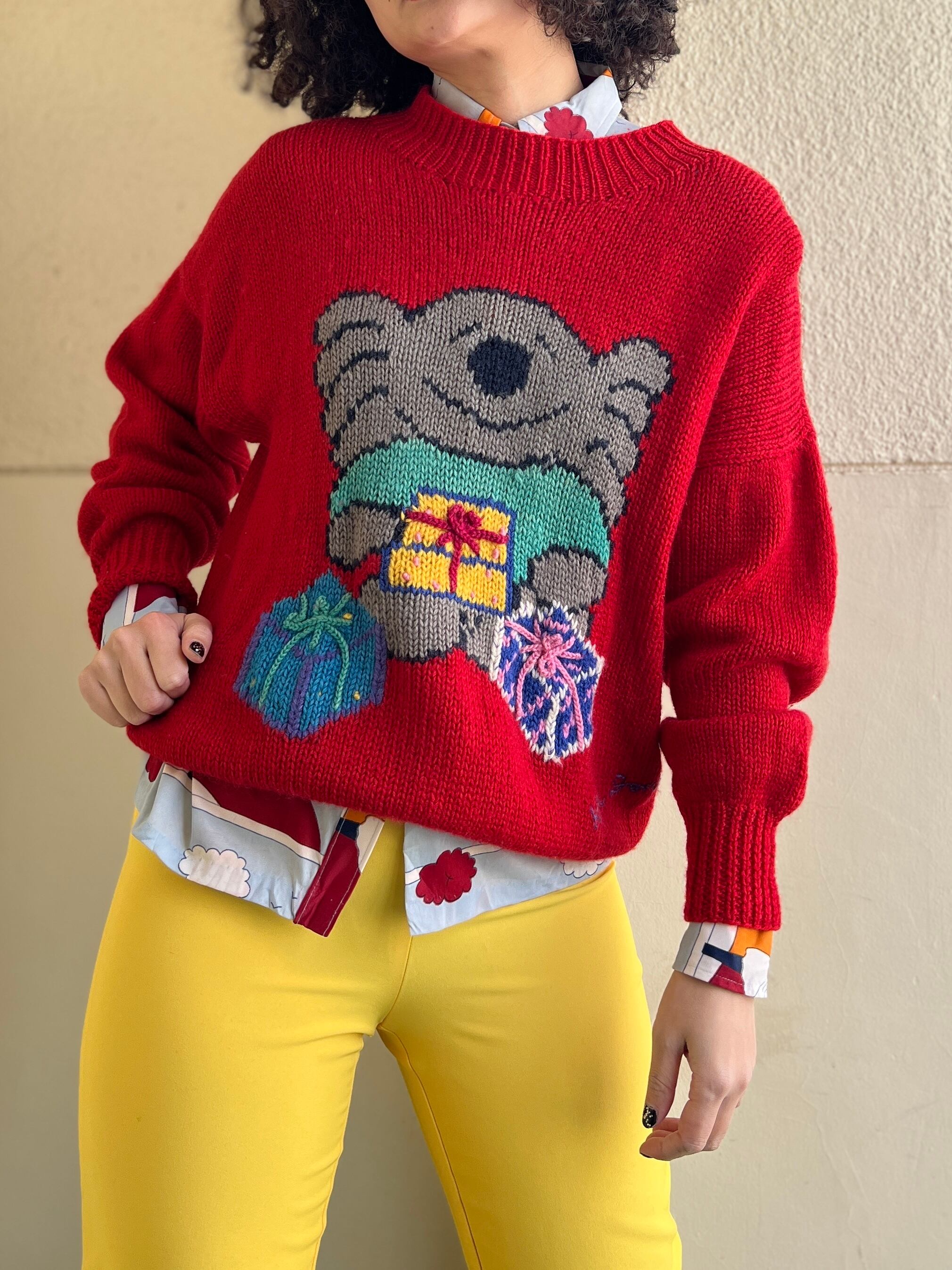 Vintage designer's red koala hand knit wool sweater