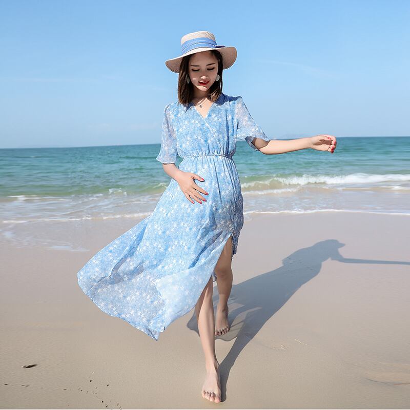 【新作】【送料無料】 夏のシフォンビーチ看護ロングドレスマタニティスプリットフローラル母乳育児服妊婦C754 サマー 夏物 花柄 AL expec363976132606