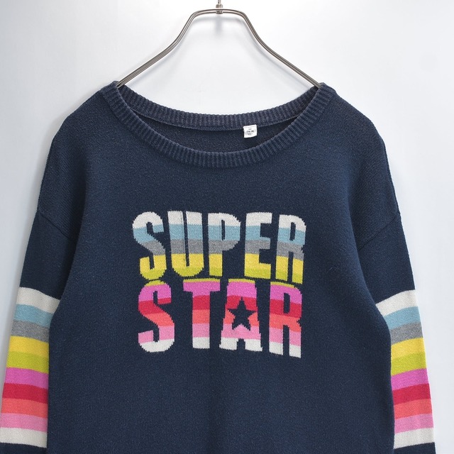 10s GAP ギャップ ニット セーター スリット カラフル ボーダー SUPER STAR 星 スター Y2K ポップ ネイビー USED ヴィンテージ ビンテージ 古着 レディースM〜Lサイズ相当
