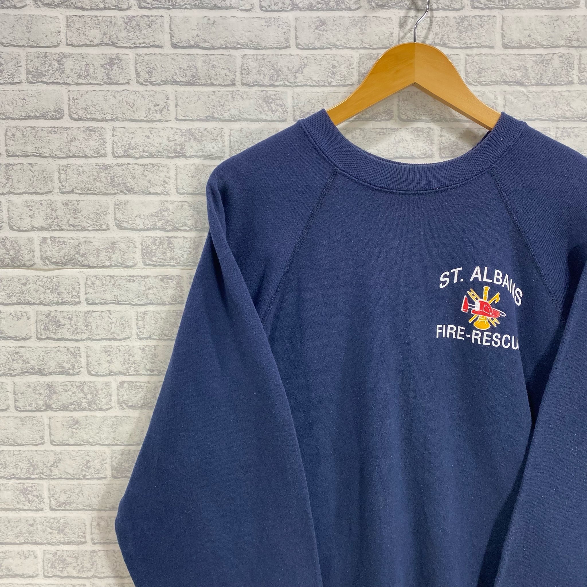 SALE】ノーブランド 90's 古着 スウェット ワンポイント ネイビー 消防