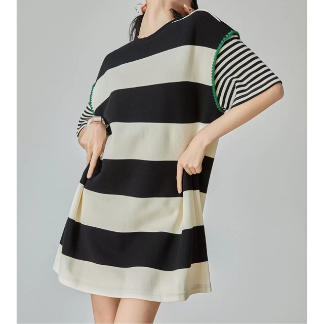 ドッキングストライプＴシャツワンピース［S-XL］