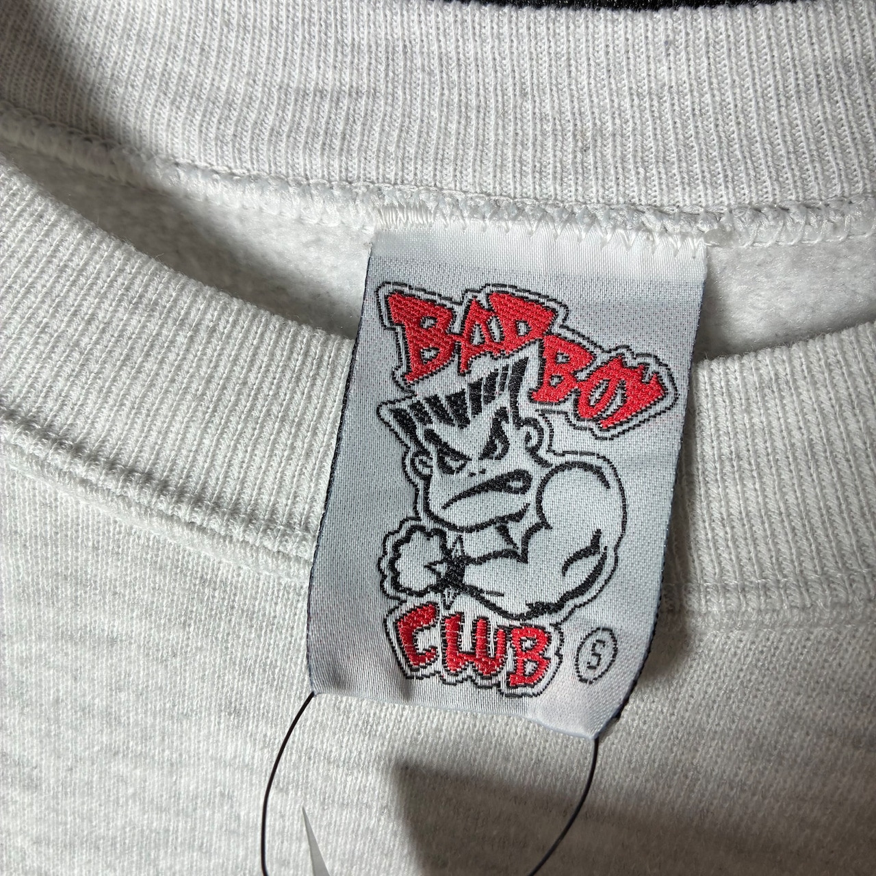 90s USA製 BAD BOY / バッドボーイ スウェット 霜降りグレー / キャラ刺繍 × バックプリント