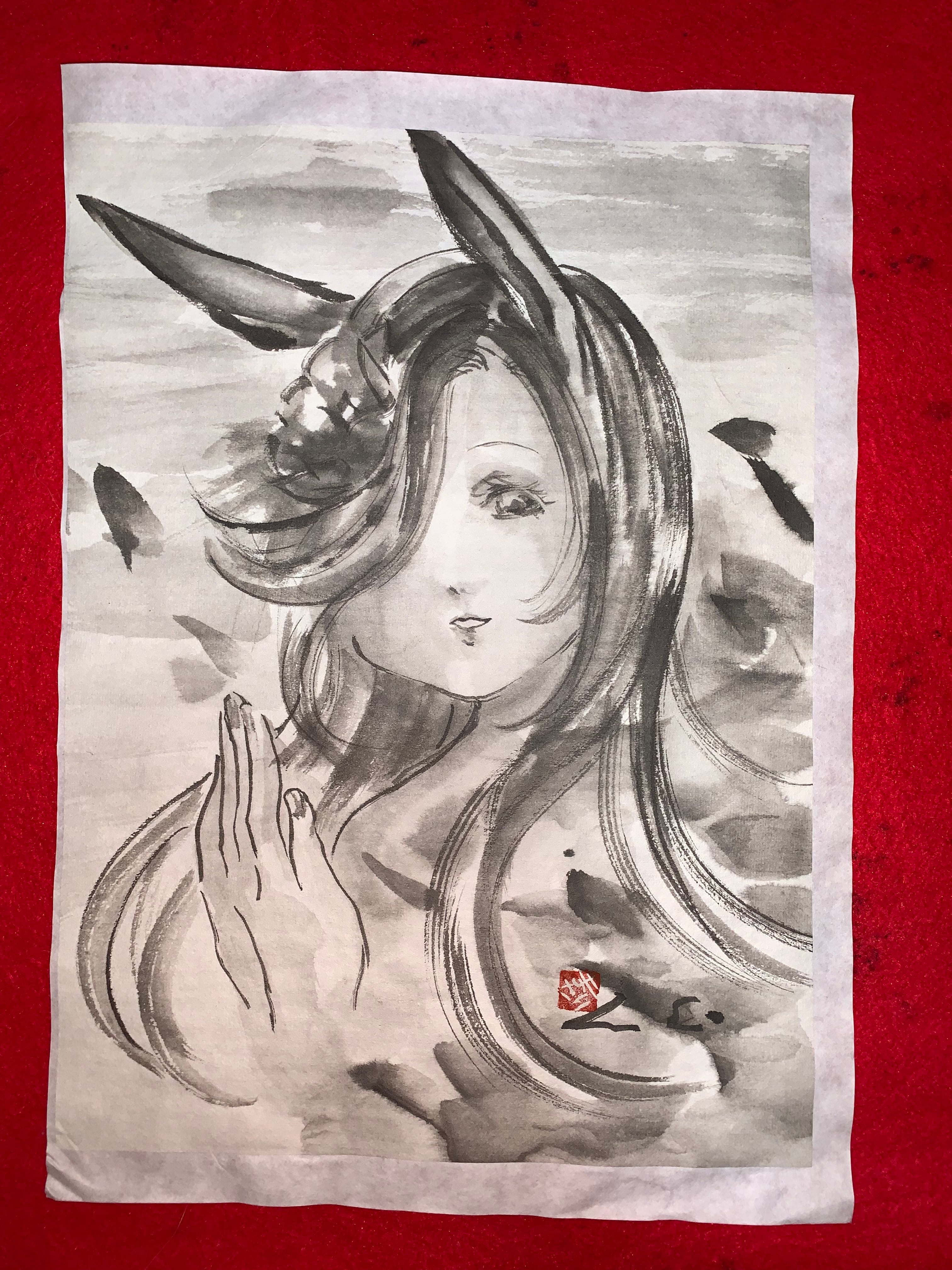 2025，格安 肉筆原画 水墨画 ハガキサイズ 天使 墨絵 オリジナル