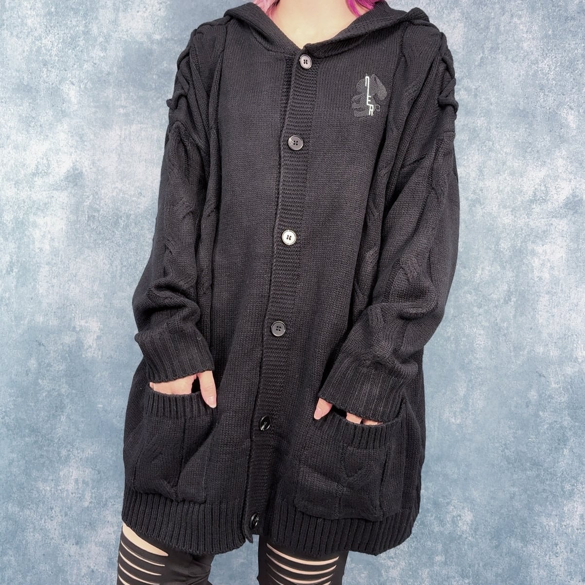 ブラック フード付きネット編みカーディガン ブラック フード付きネット編みカーディガン ご好評につき新色追加