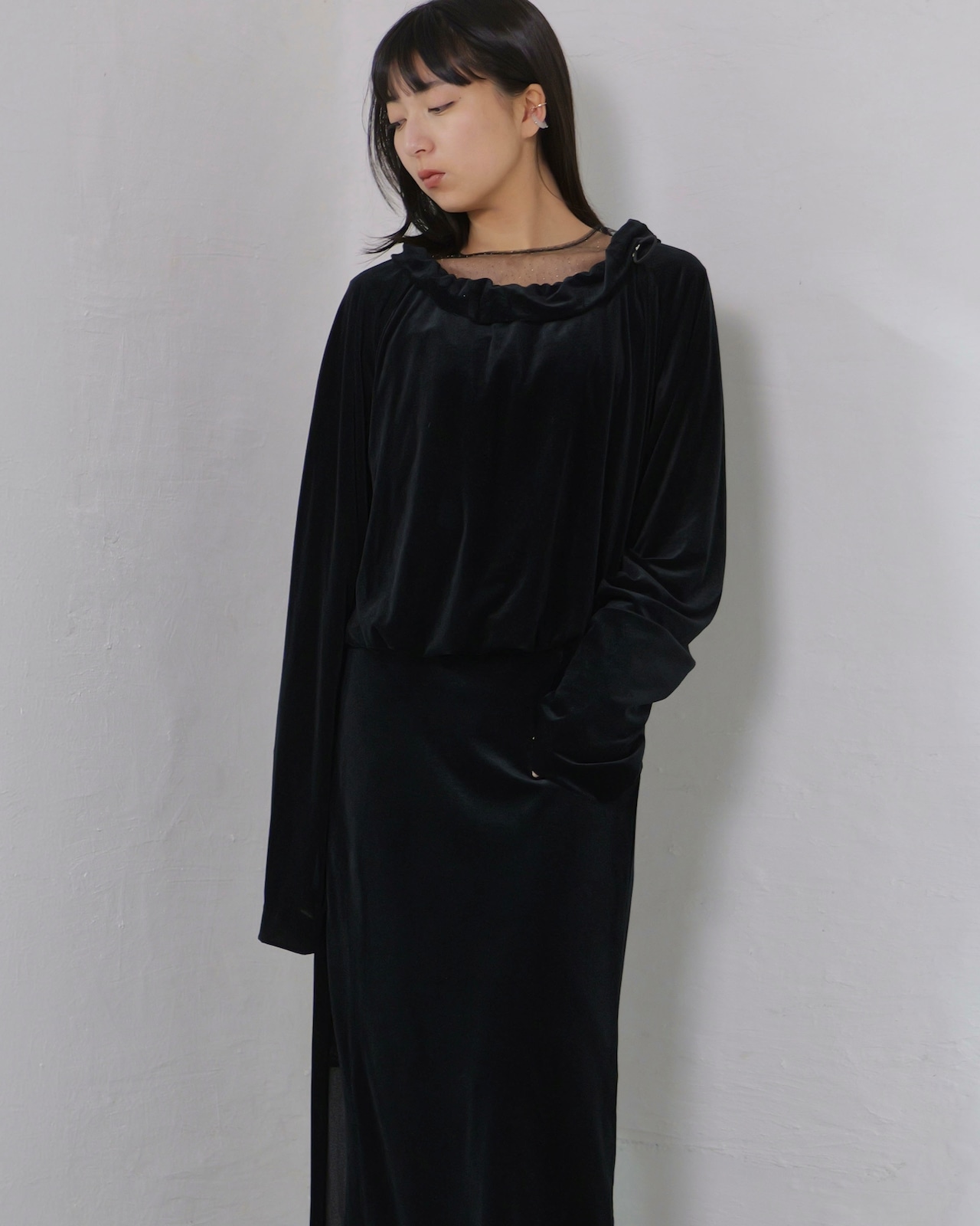 RITSUKO KARITA - Sheer Velour Gather Tops〔plain〕 :Black|透けベロア/ネックギャザー