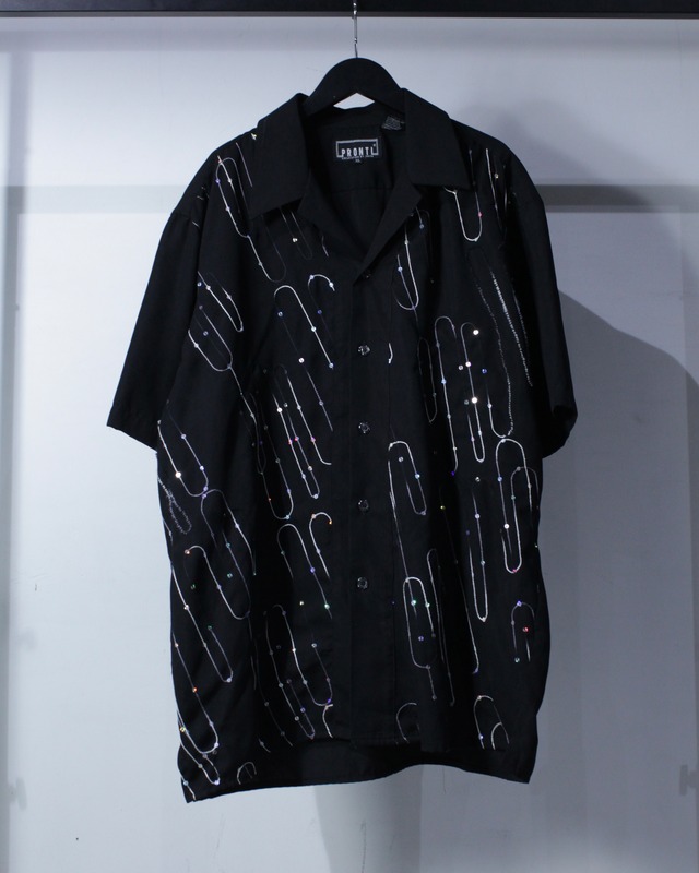 【Caka BLACK】Embroidery × Spangle Decoration Vintage S/S Open Collar Shirt