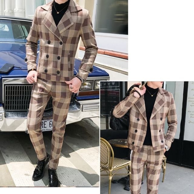 予約販売】メンズ スーツ チェック柄 シック スリム ダブル 男前 予約販売】メンズ スーツ チェック柄 シック スリム ダブル 男前