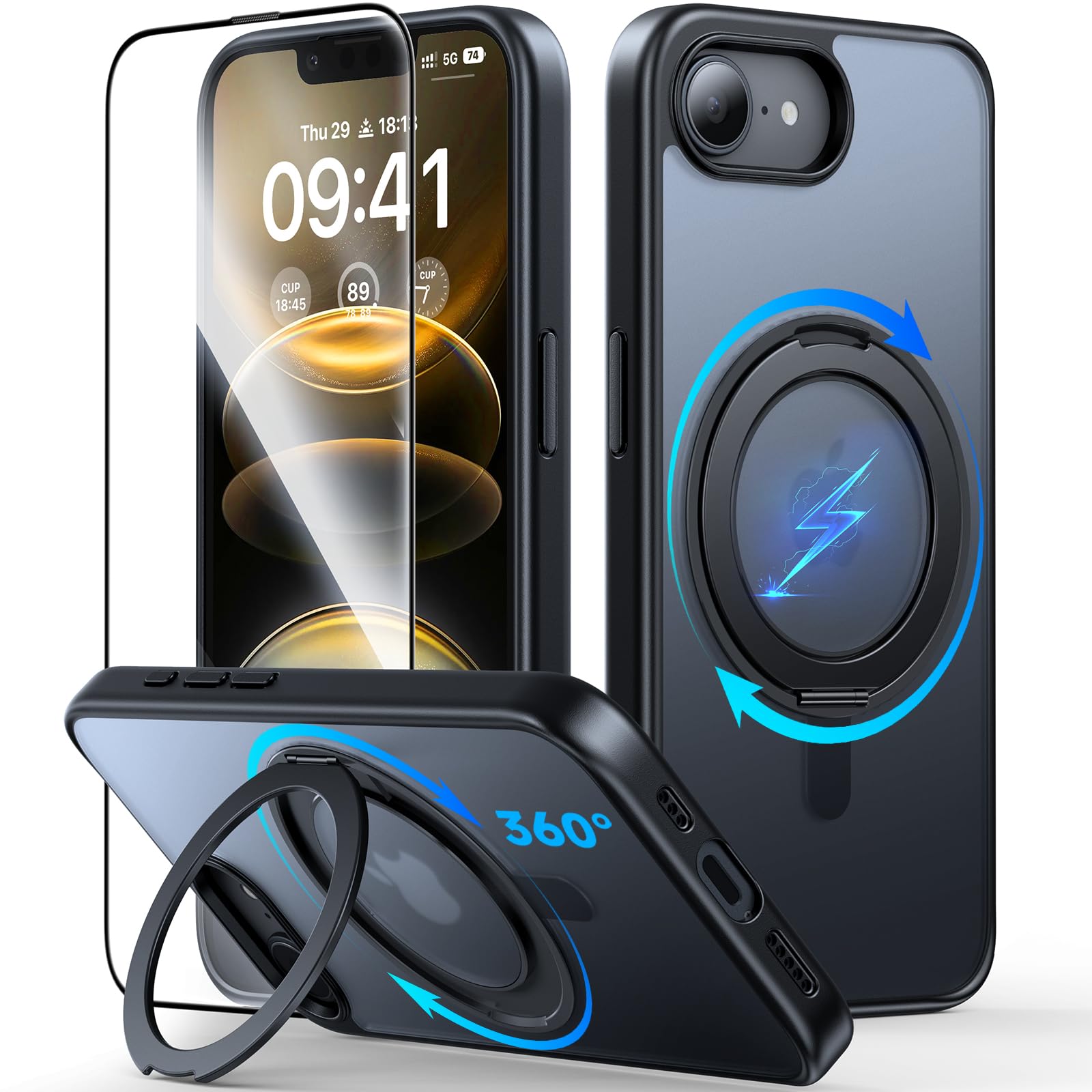 【安定360°回転・米軍MIL保護】JUESHITUO 3 in 1 iphone 17e 用のケース iphone 16e 用 360°スタンド 縦・横置き可 MagSafe充電対応 phone17e ケース 【1Xスクリーン保護】付き マット 指紋防止 滑り止め 黄変なし あいふおん17eケース 仕事 アウトドア 浴室 ゲーム 動画鑑賞用 ブラック