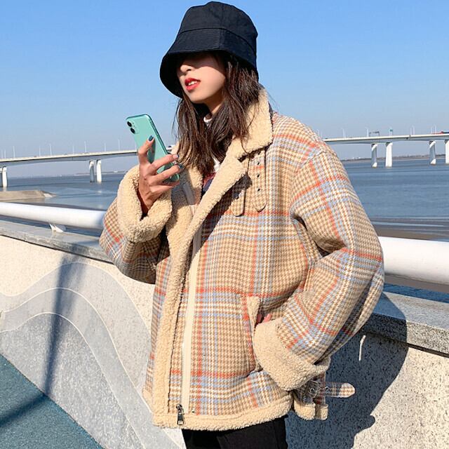 コート レディース アウター ショート丈 もこもこ かわいい おしゃれ フェミニン チェック柄 イエロー/ブルー S/M/L/XL/2XL