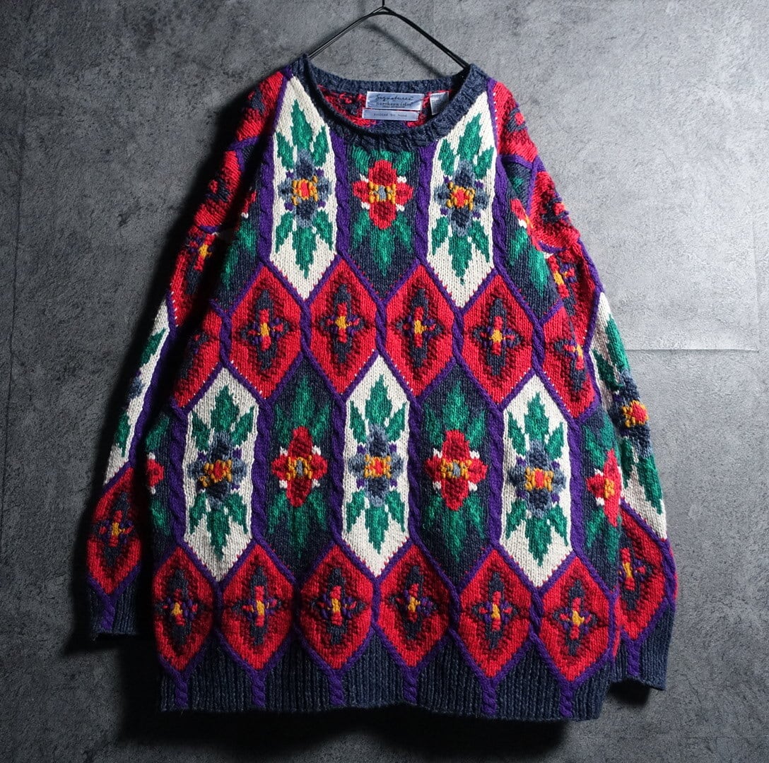 Multicolor Flower Motif Design Ramie Cotton Hand Knit