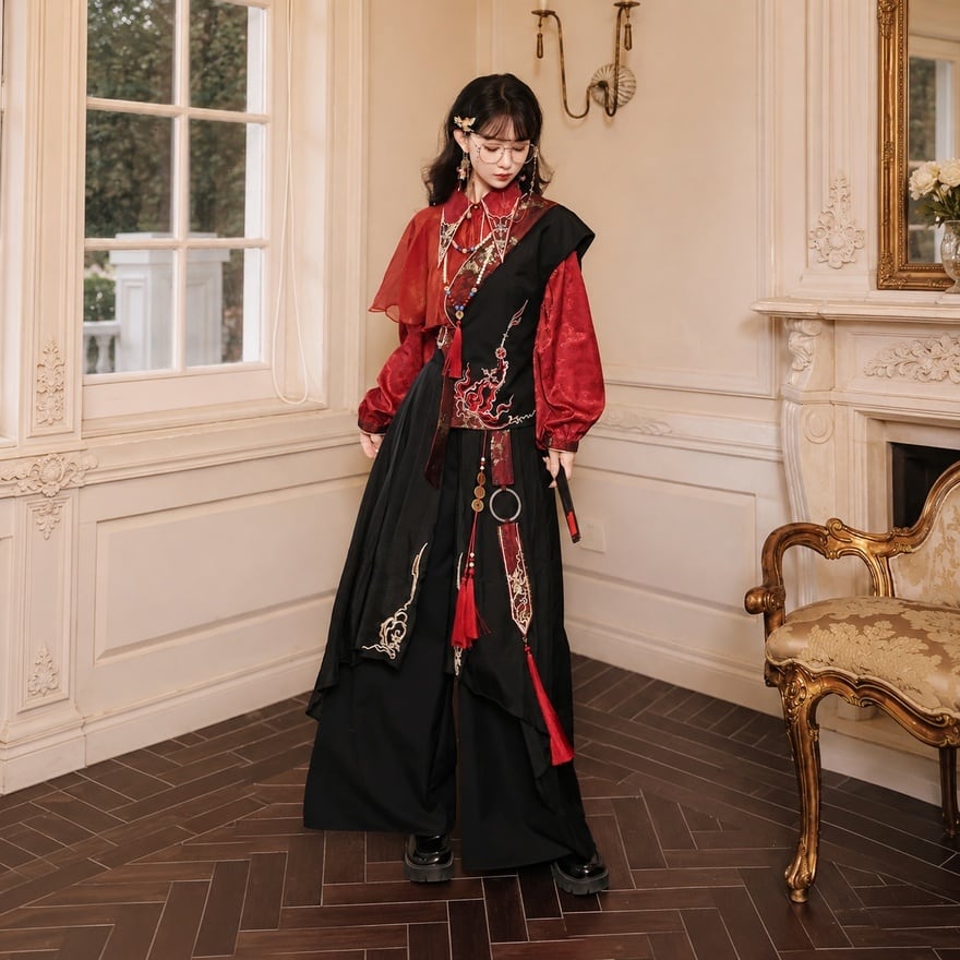 紅蓮宮の使者 金彩刺繍と房飾りのワイドパンツ中華王子系衣装セット