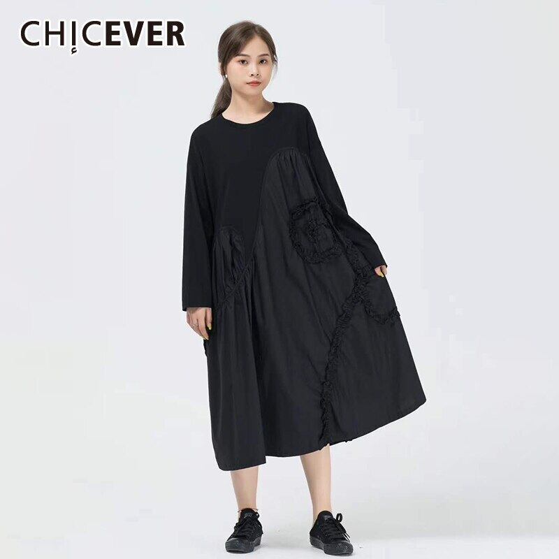 CHICEVERシャーリングドレス女性Oネック長袖パッチワーク不規則なAラインドレス2020タイド ロング 6base570974769778