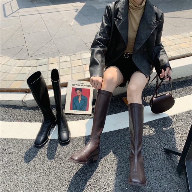 太ヒール スクエアトゥ ロングブーツ シューズ 靴 くつ クツ ブーツ 3cmヒール チャンキーヒール ローヒール 歩きやすい 履きやすい PU かわいい 大人可愛い シンプル カジュアル 大人 おしゃれ お洒落 無地 春 秋 冬 10代 20代 レディース 通勤 学生 通学 デート お出かけ 女子会 休日 旅行 デイリー 普段使い 韓国 韓国系 オルチャン 格上げ サイズ 22.5cm 23.0cm 23.5cm 24.0cm 24.5cm 色展開 黒 ブラック