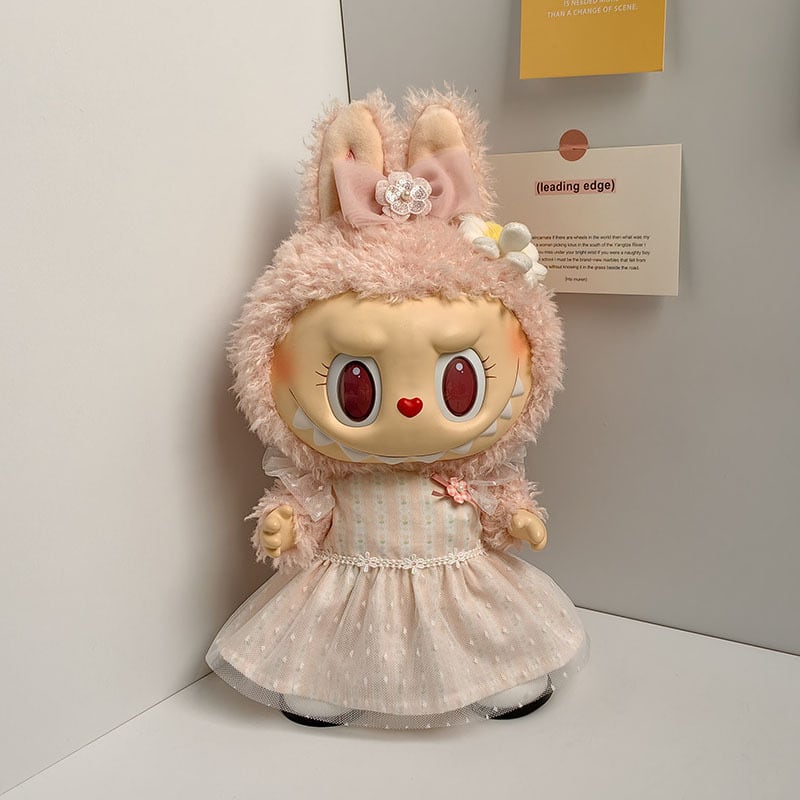 38cm Labubu用 フラワー チュールワンピース+リボンヘアアクセサリー
