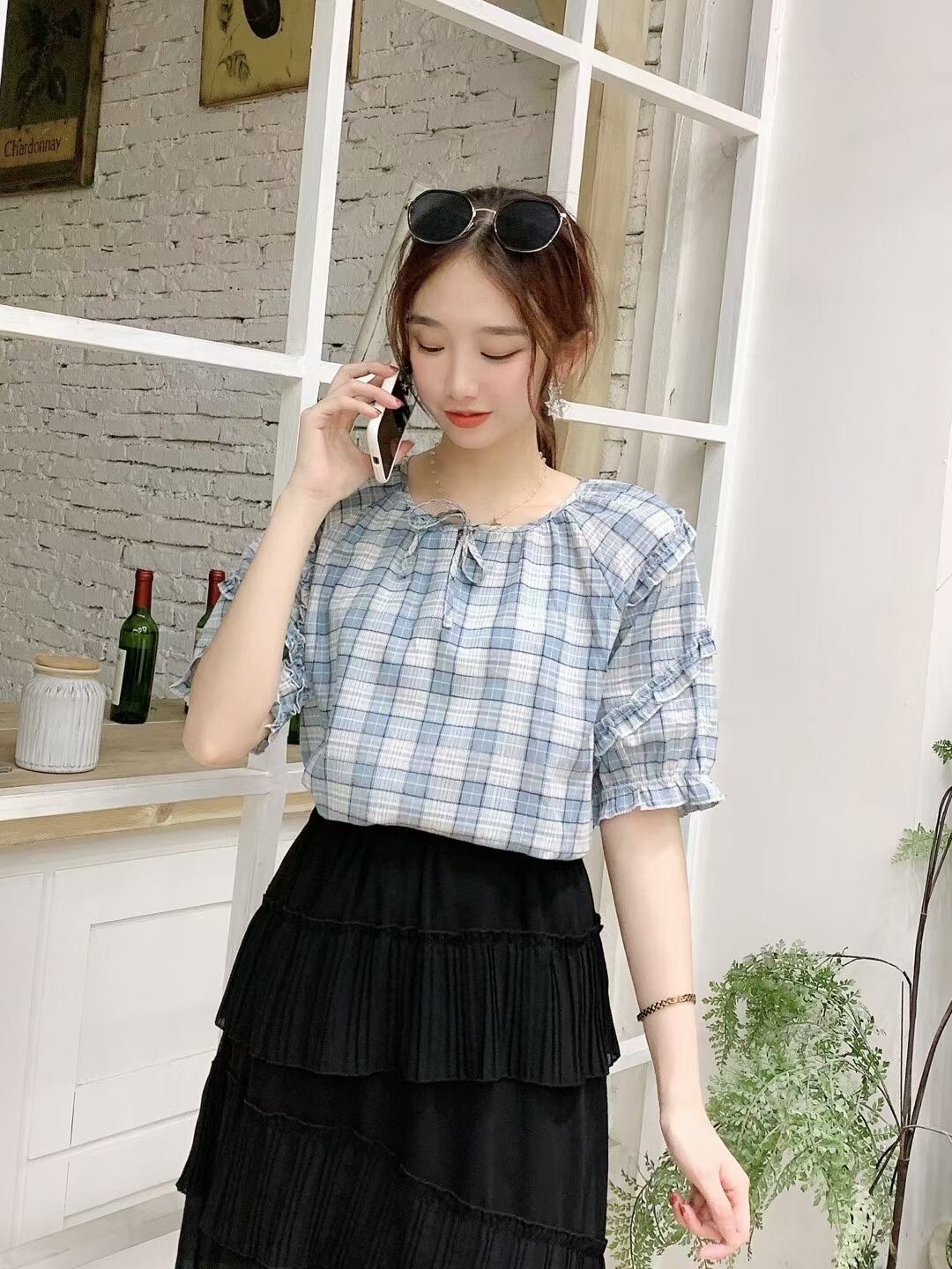 パフスリーブチェックブラウス　AJ3346-3066