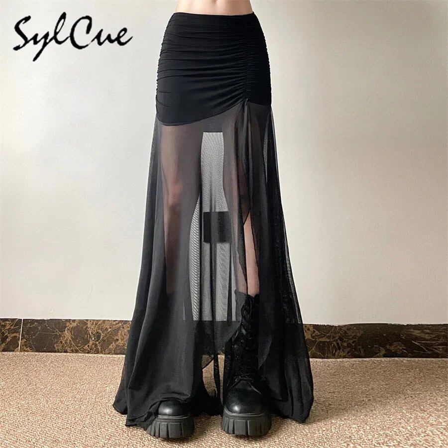 シルクイー 2024 ブラック ミステリアス セクシー パースペクティブ ホット オールマッチ サマー ハイストリート トレンディ クール レディース メッシュ Aライン スカート