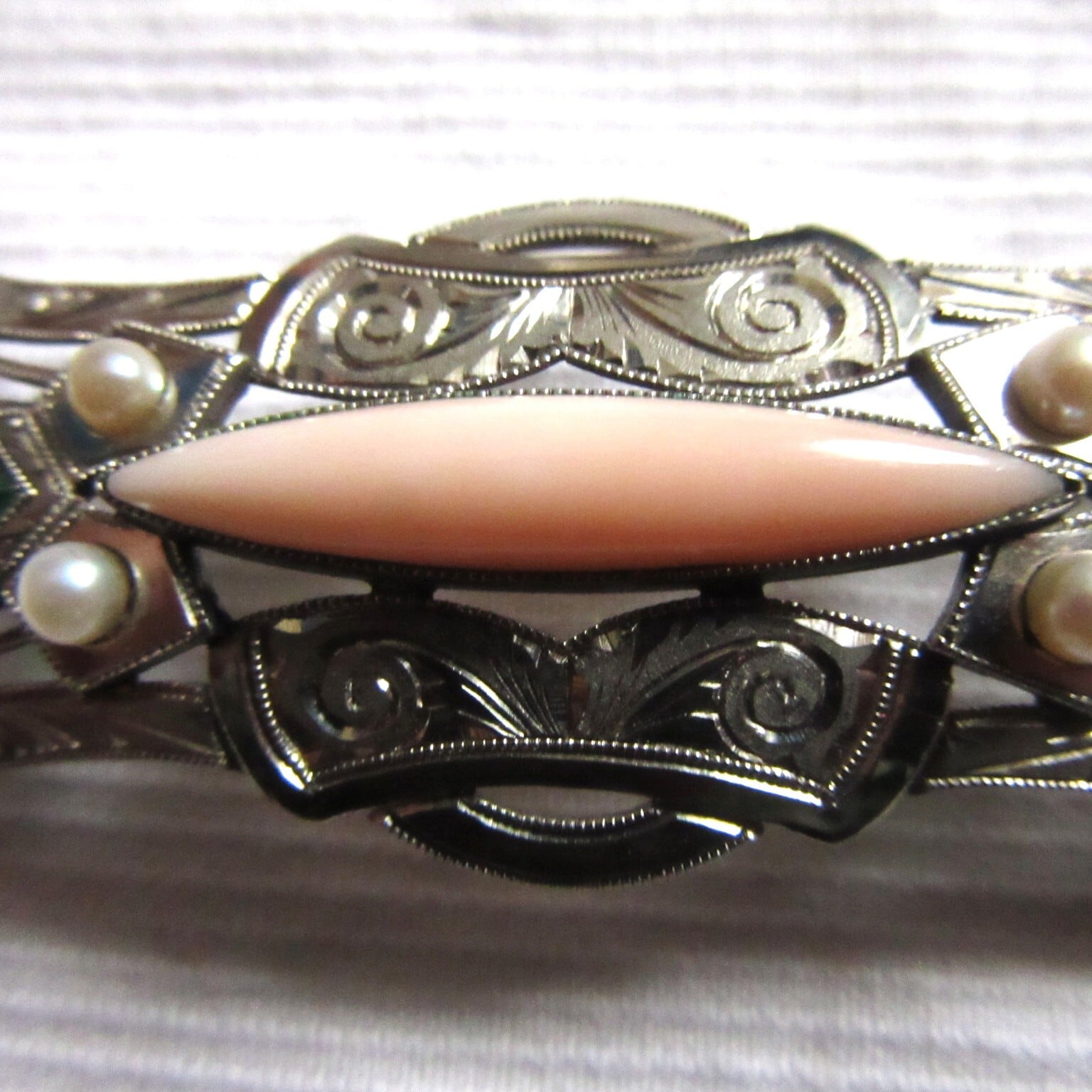 アール・デコ 彫金 珊瑚 パール 帯留 アンティーク 着物