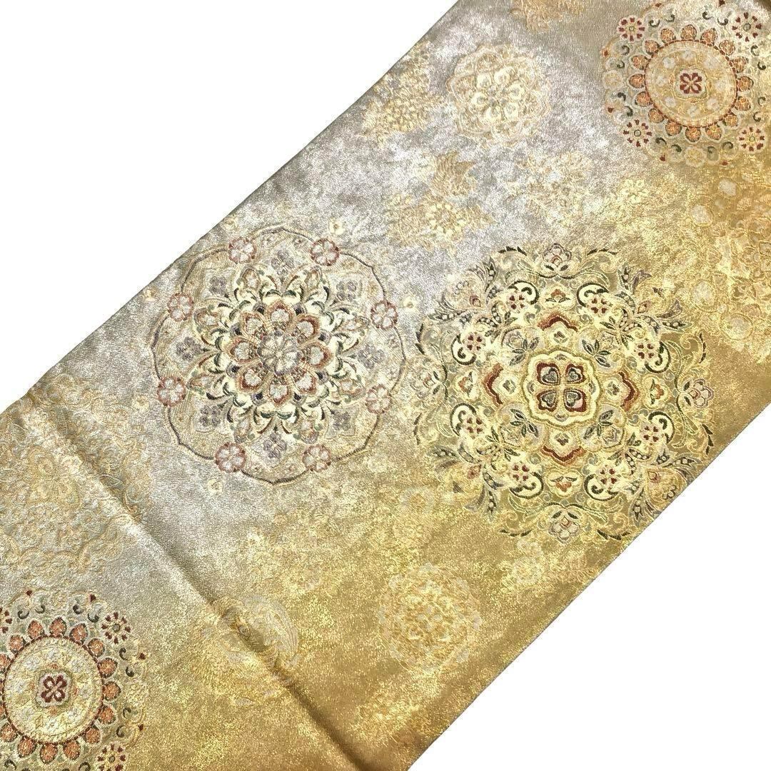 袋帯 リバーシブル 曲水源氏車文 鏡裏華文 美しい花模様 鴛鴦 O-3545  