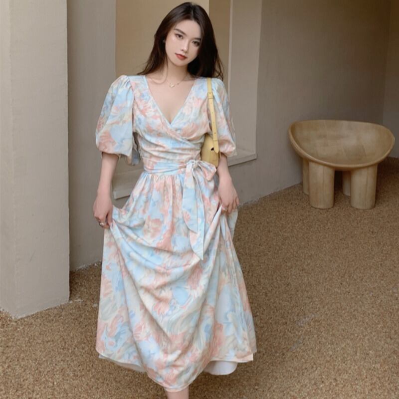 スタンダードスリーブフローラルドレス サマースカート ウェスト レトロ 夏物 花柄 YY-ファッション40467556249