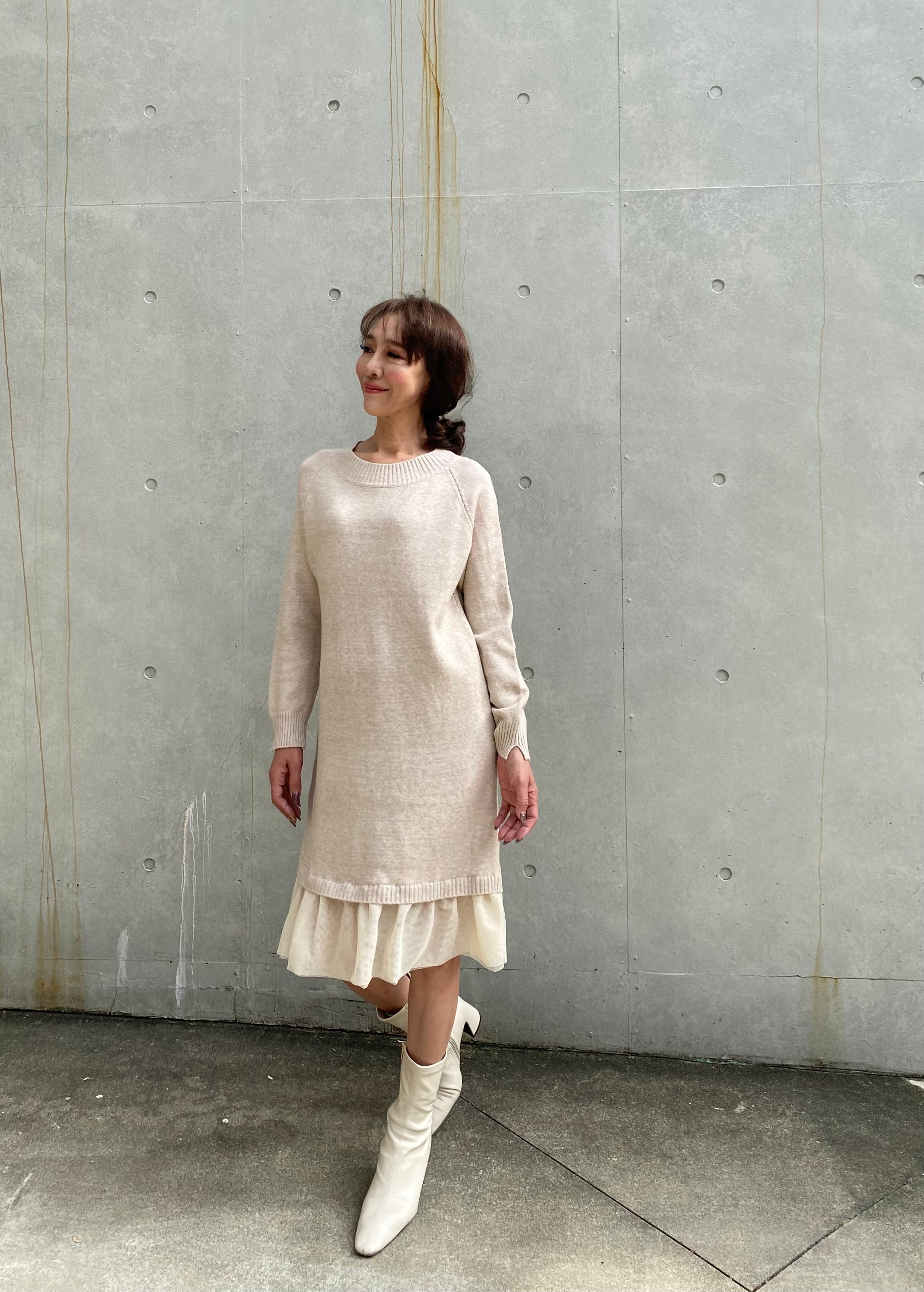 ニット×裾チュールワンピース (ベージュ) | セレクトショップベリンダ